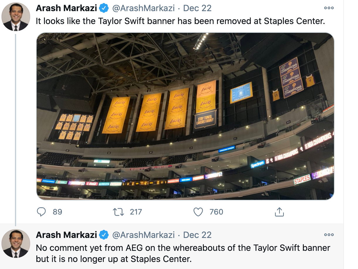 Kings cover up Taylor Swift banner at Staples Center